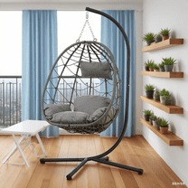 BAYUELSWU Hanging Egg Chair with Stand, Patio Rattan Wicker Swing Egg Chair with Cushion, 300lbs Capacity Hanging Basket Chair for Indoor/Outdoor Use (Dark Grey)