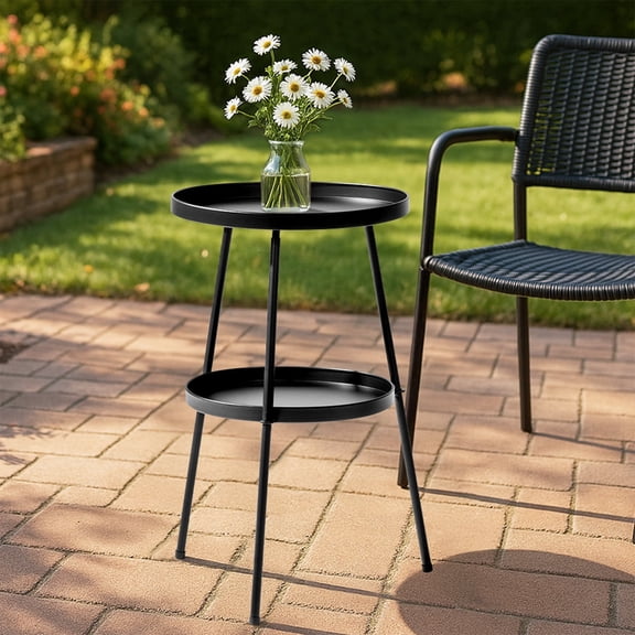 BAYUELSWU Metal Tray End Table, 2-Tier Round Small Coffee Side Table with Tray, Weather Resistant End Table for Indoor, Outdoor, Garden, Balcony, Yard