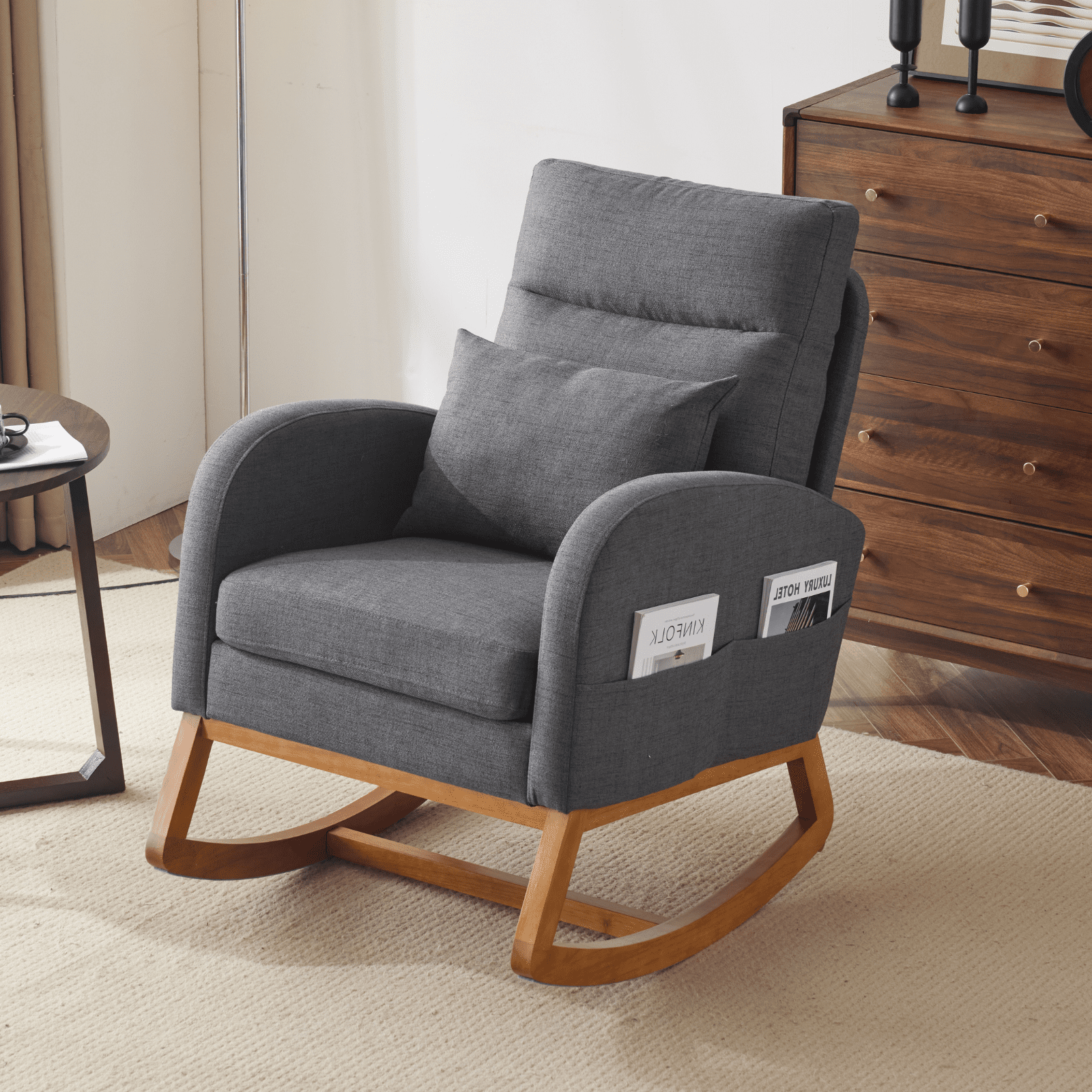 BAYUELSWU Nursery Rocking Chair, Indoor Upholstered Rocking Chair, Accent Rocker Chair with Side Pocket, High Backrest for Living Room, Bedroom (Grey)