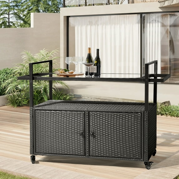 BAYUELSWU Outdoor Bar Cart with Storage Cabinet, Patio Wicker Bar Table with Tempered Glass Tabletop, Outside Kitchen Serving Cart with Rolling Wheels & Handles for Patio,Backyard,Poolside (Black)
