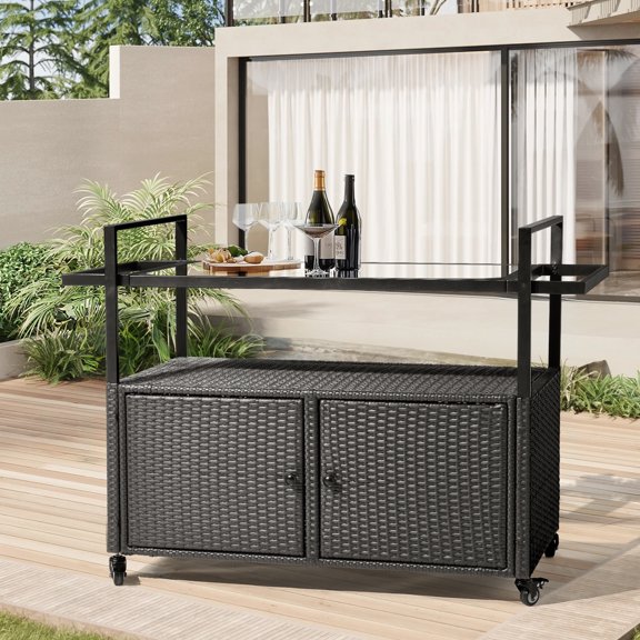 BAYUELSWU Outdoor Bar Cart with Storage Cabinet, Patio Wicker Bar Table with Tempered Glass Tabletop, Outside Kitchen Serving Cart with Rolling Wheels & Handles for Patio,Backyard,Poolside (Black)