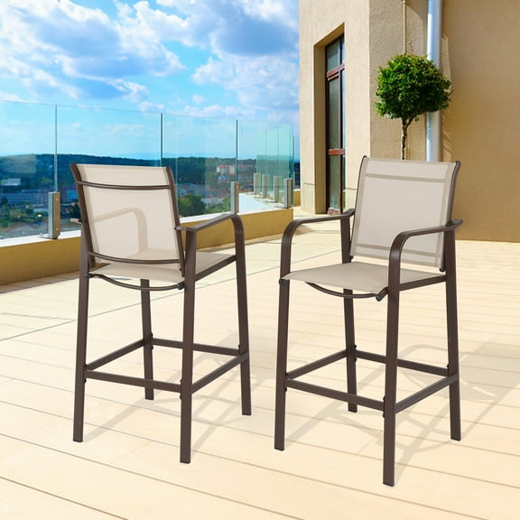 BAYUELSWU Outdoor Bar Stools Set of 2, Bar Height Tall Chairs with Armrest and Footrest, High Top Bistro Stools with Back All-Weather for Bistro, Lawn, Balcony, Backyard, Porch
