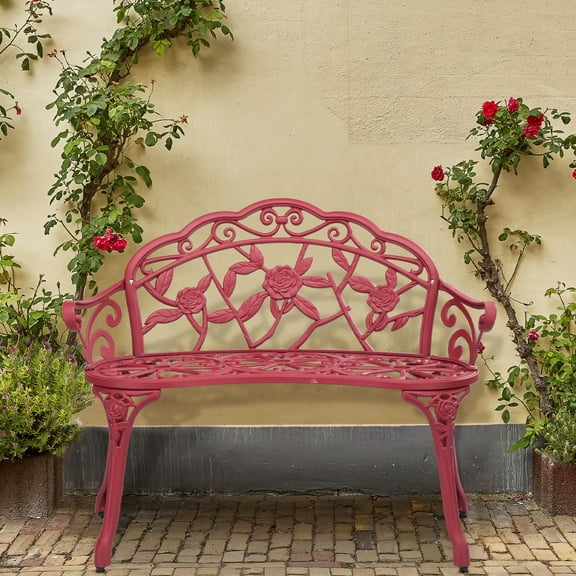 BAYUELSWU Outdoor Cast Aluminum Patio Bench, Porch Rose Bench Chair, Outdoor Patio Park Garden Bench (Red)