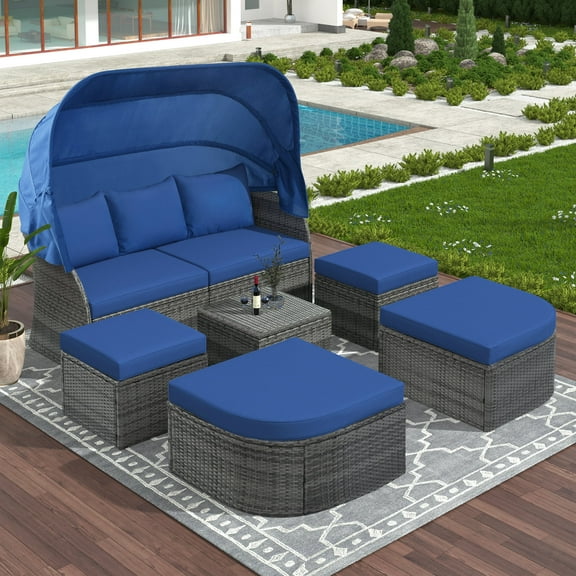 BAYUELSWU Outdoor Daybed Patio Furniture Sunbed Set All-Weather Rattan Wicker Sectional 6-Piece Sofa Set with Retractable Canopy & Lift Top Coffee Table Patio Conversation Set for Garden Yard (Blue)