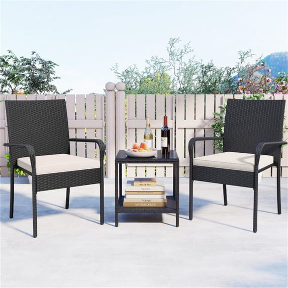 BAYUELSWU Outdoor Furniture 3 Piece Wicker Furniture Patio Bistro Set, PE Rattan Patio Conversation Set with Coffee Table for Yard, Bistro, Garden, Balcony, Poolside (White)