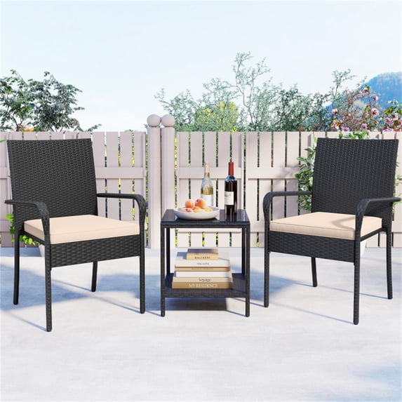 BAYUELSWU Outdoor Furniture 3 Piece Wicker Furniture Patio Bistro Set, PE Rattan Patio Conversation Set with Coffee Table for Yard, Bistro, Garden, Balcony, Poolside (Beige)