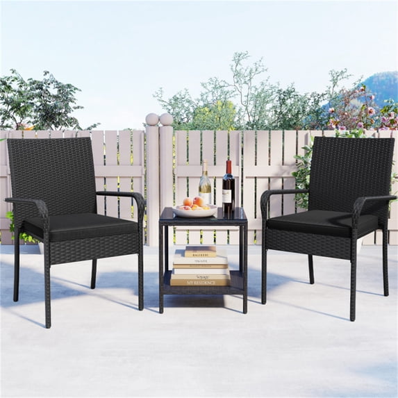 BAYUELSWU Outdoor Furniture 3 Piece Wicker Furniture Patio Bistro Set, PE Rattan Patio Conversation Set with Coffee Table for Yard, Bistro, Garden, Balcony, Poolside (Black)