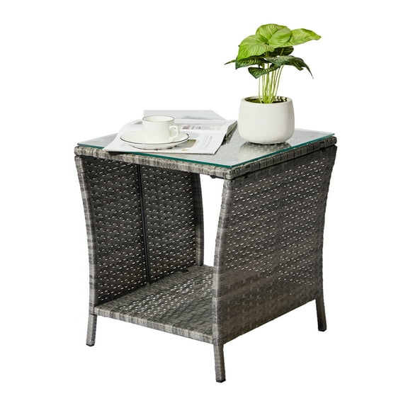 BAYUELSWU Outdoor Patio Wicker Side Table,17.9'' PE Rattan Side Table, Wicker End Table with Glass Top Storage Shelf for Porch Garden Backyard Patio Balcony Deck Pool (Gray)