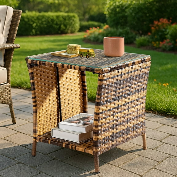 BAYUELSWU Outdoor Patio Wicker Side Table 2 -Tier Square PE Rattan Side Table with Glass Top Storage Shelf for Porch Garden Backyard Patio Balcony Deck Pool (Yellow)