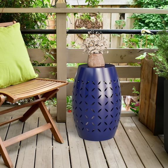 BAYUELSWU Outdoor Side Table 9.4" Steel Patio End Table, Round Hollow Drum Side Table, Accent Garden Table Corner Table, Weather-Resistant Coffee Table for Garden, Balcony, Porch & Poolside (Blue)