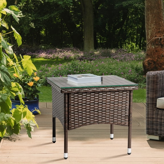 BAYUELSWU Outdoor Wicker Side Table, 20'' Patio Rattan Square Side End Table with Glass Tabletop for Backyard, Deck, Porch, Poolside (Brown)
