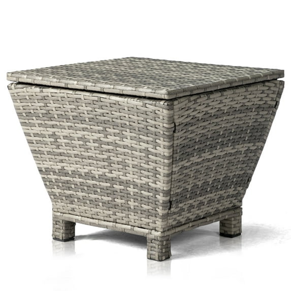 BAYUELSWU Outdoor Wicker Side Table, Patio Wicker Table, All-Weather Rattan Storage Box End Table, Outdoor Wicker Coffee Table with Hidden Storage & Lid for Patio, Porch, Lawn (Grey)