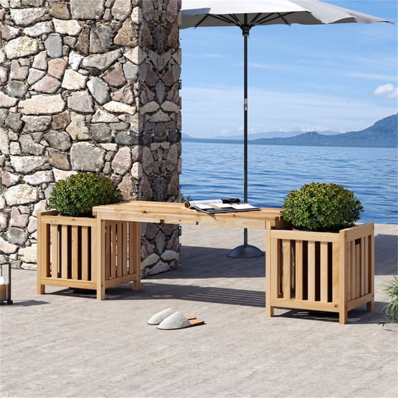BAYUELSWU Patio Wooden Bench with Elevated Mini Planters, Outdoor Bench Easy Assembly for Yard & Lawn