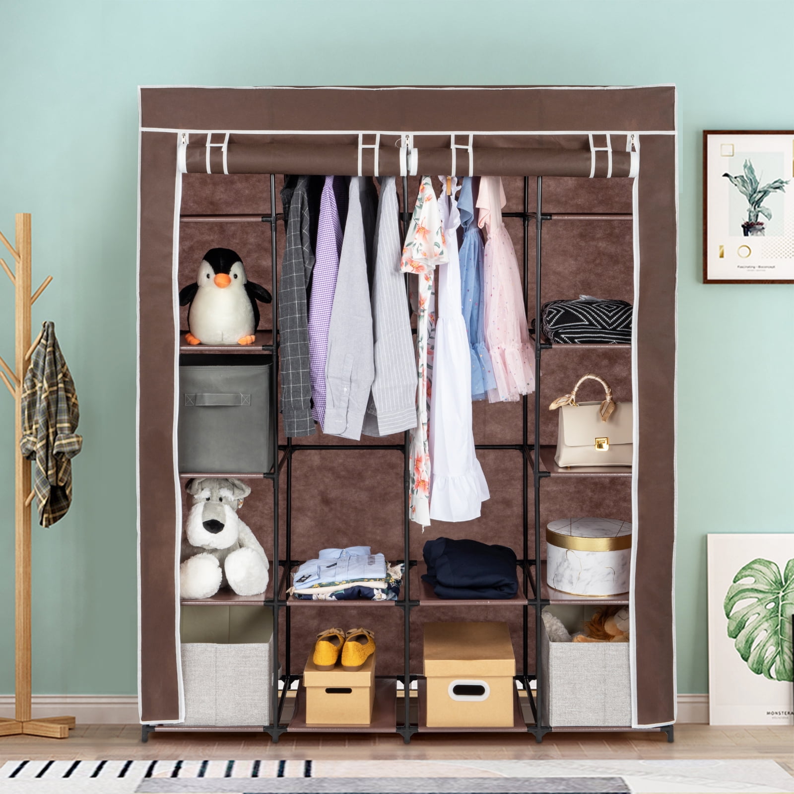 Covered Rack Orginazer BAYUELSWU Portable Closet Storage Organizer Wardrobe Clothes Rack With ...