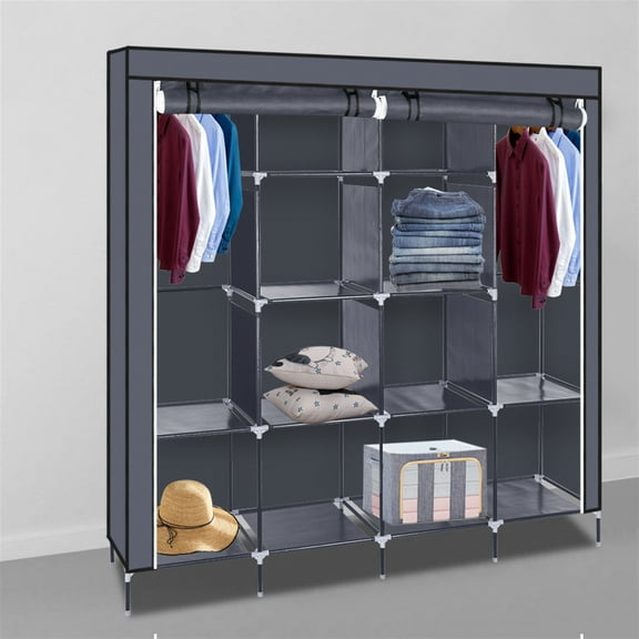 BAYUELSWU Portable Closet Storage Organizer Wardrobe Clothes Rack With Shelves, 67" Heavy Duty Covered Clothes Rack Storage Organizer, 4 Tiers Portable Closet Wardrobe Shelf (F Set-Gray)