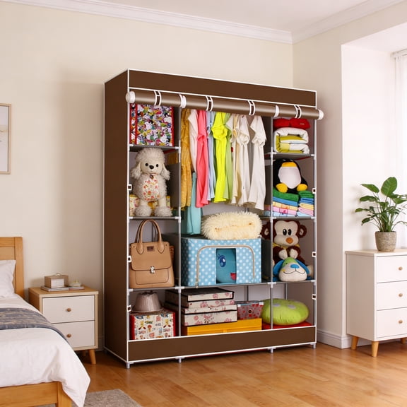 BAYUELSWU Portable Wardrobe Closet, Portable Closet Storage Organizer, Covered Clothes Rack Storage Organizer with Shelves, 4 Tiers Portable Closet Wardrobe Shelf (Coffee)