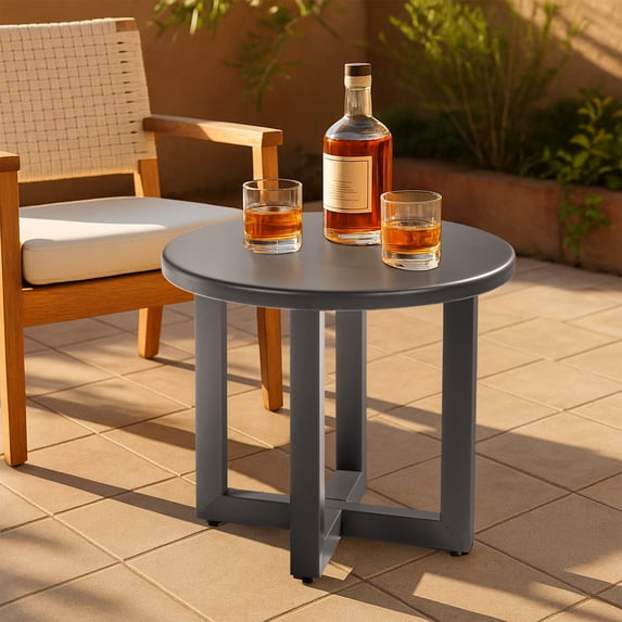 BAYUELSWU Round Outdoor Side Table, Outdoor Patio Bistro Tablewith Durable Weather-Resistant Frame for Backyard, Garden, Patio, Porch, Pool, Living Room, Bedroom, Office (Grey)
