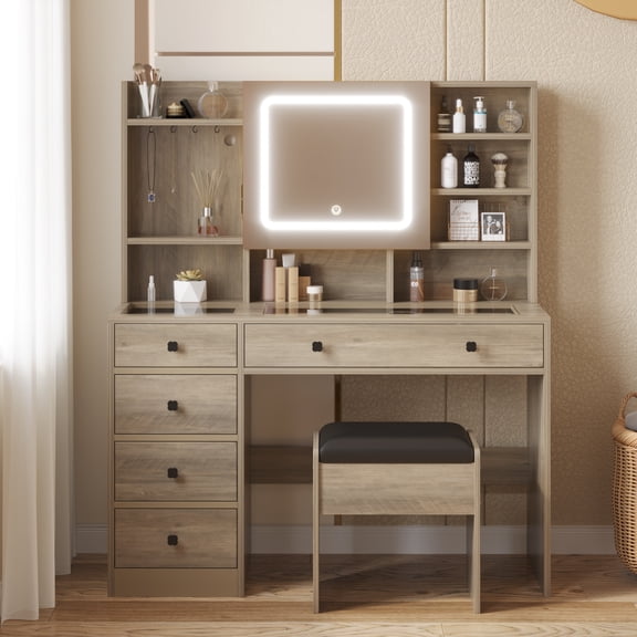 BAYUELSWU Vanity Desk with Mirror and LED Lights, Makeup Vanity Table Set with 5-Drawers and Chair, Dressing Table with Power Outlet for Women, Girls, Bedroom (Grey)