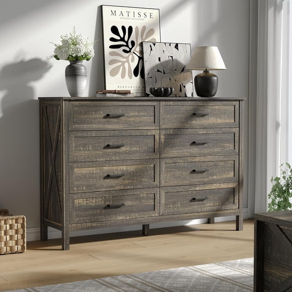 BAZELOR Farmhouse 8 Drawers Dresser for Bedroom, Wood Rustic Wide Chest with Natural Texture, Large Dressers for Bedroom, Hallway, Entryway, Dark Brown