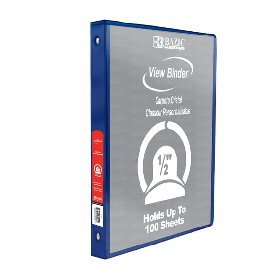 BAZIC 1/2" Blue 3-Ring View Binder, Round Ring, 2 Pockets