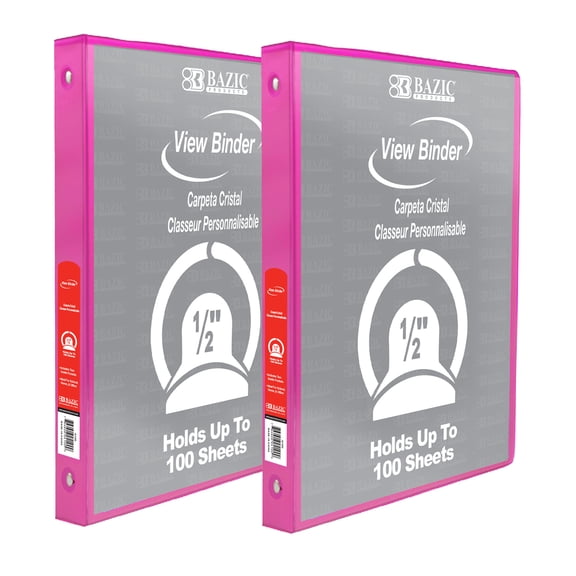 BAZIC 1/2" Fuchsia 3-Ring View Binder, Round Ring, 2 Pockets