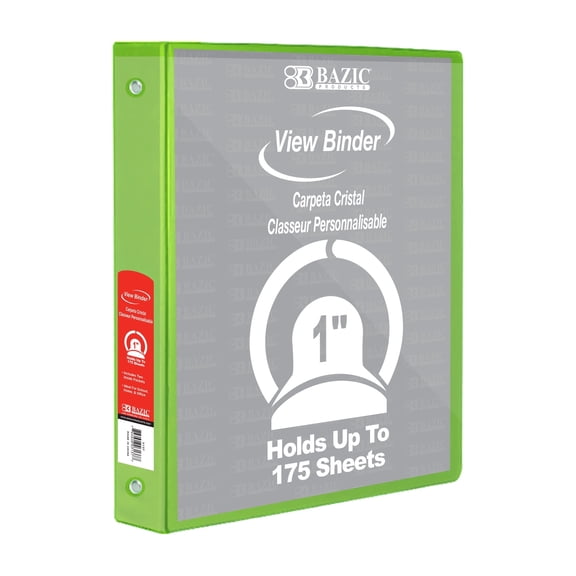 BAZIC 1" Lime Green 3-Ring View Binder, Round Ring, 2 Pockets