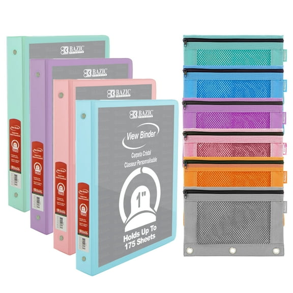 BAZIC 1" Ring Binder & Pencil Pouch Set, 4 Pastel Color 3 Ring View Binders, 6 Pencil Pouch w/ Mesh Window