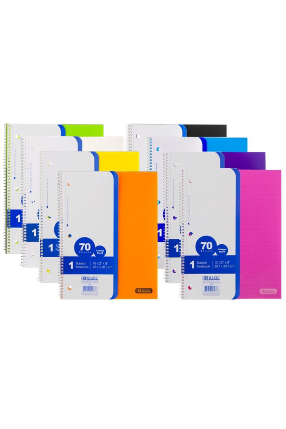 BAZIC College Ruled 1 Subject Poly Cover Spiral Notebook 70 Sheet, Assorted Color, 8-Pack