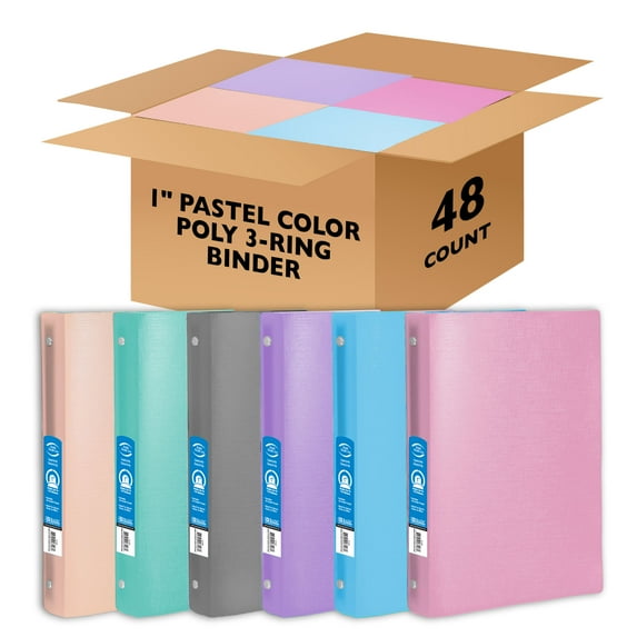 BAZIC 3 Ring Binder 1" Poly Binders Organizer - Pastel Color Soft Cover, Hold 175 Sheets, 48-Count