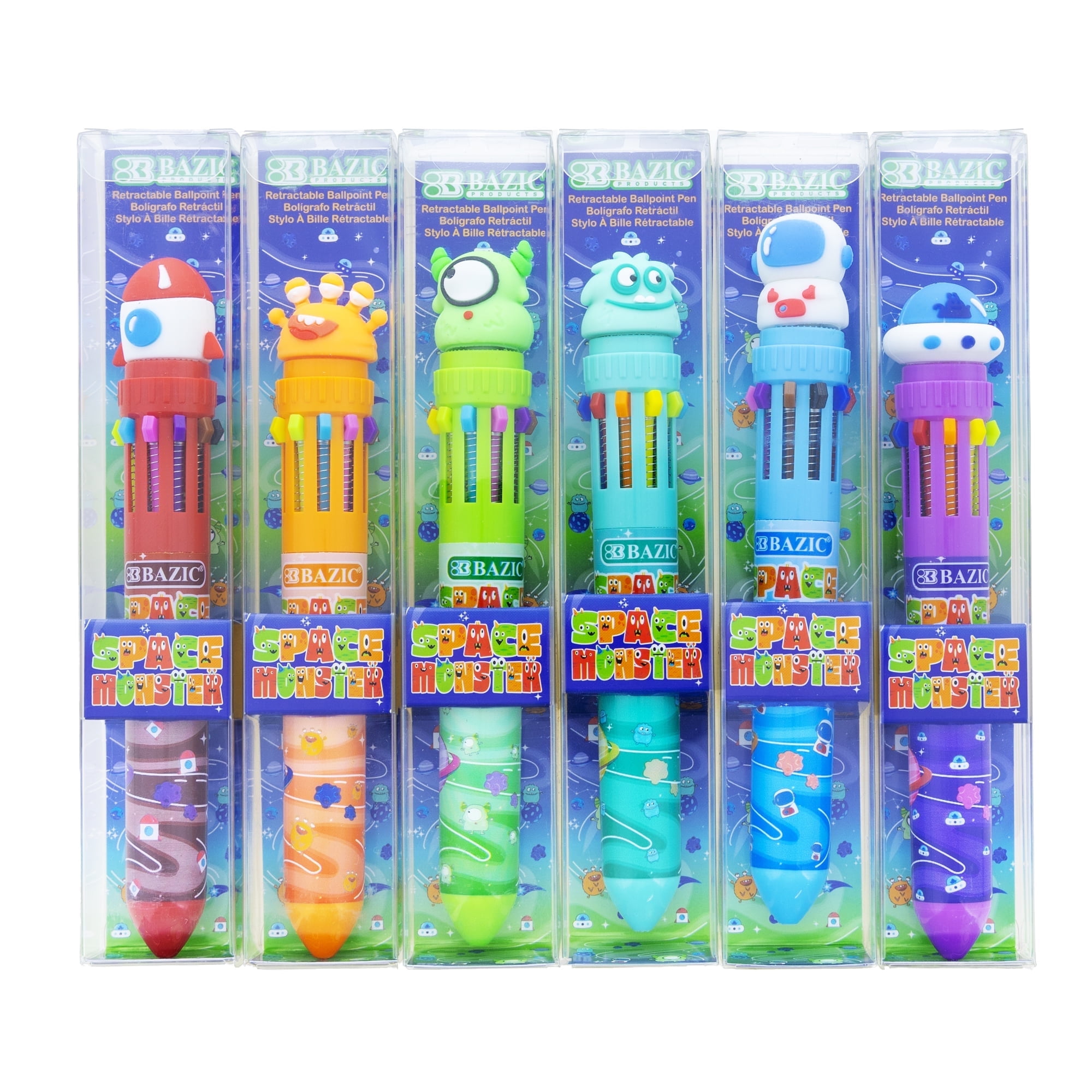 BAZIC 10-Color Ballpoint Pen, 1.0mm Bold Point, Monster Series, Retractable Multicolor Pen, 24-Packs