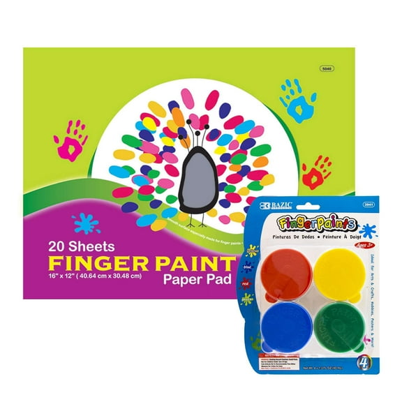 BAZIC 16" X 12" Finger Paint Paper Pad 20 Sheets + Assorted Color 40ml Finger Paint Set, Art Supplies DIY Projects Painting Activity, Set of 2 pack