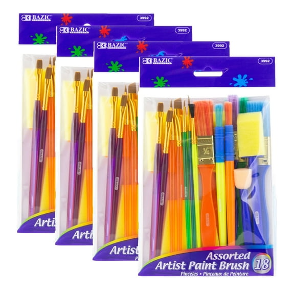 BAZIC 18-piece Paint Brush Foam Tipped Brushes Set, Nylon Hair Brushes for Oil Watercolor Acrylic Painting, 4-Pack