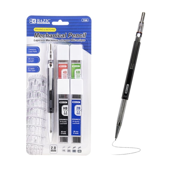 BAZIC 2.0mm Mechanical Lead Pencil with 4 Ceramic Lead Refills, HB 2B 4B 6B Lead