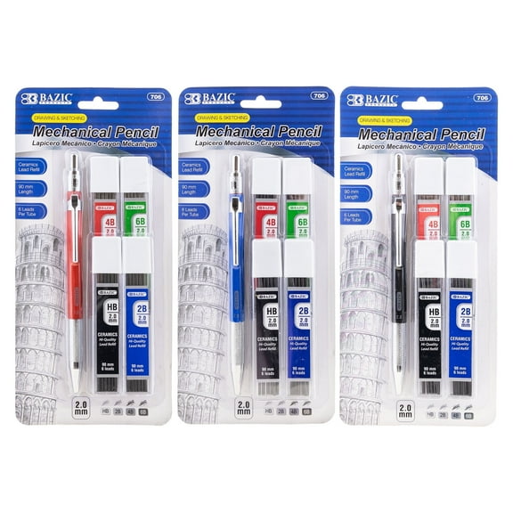 BAZIC 2.0mm Mechanical Lead Pencil with 4 Ceramic Lead Refills, HB 2B 4B 6B Lead, 3-Packs