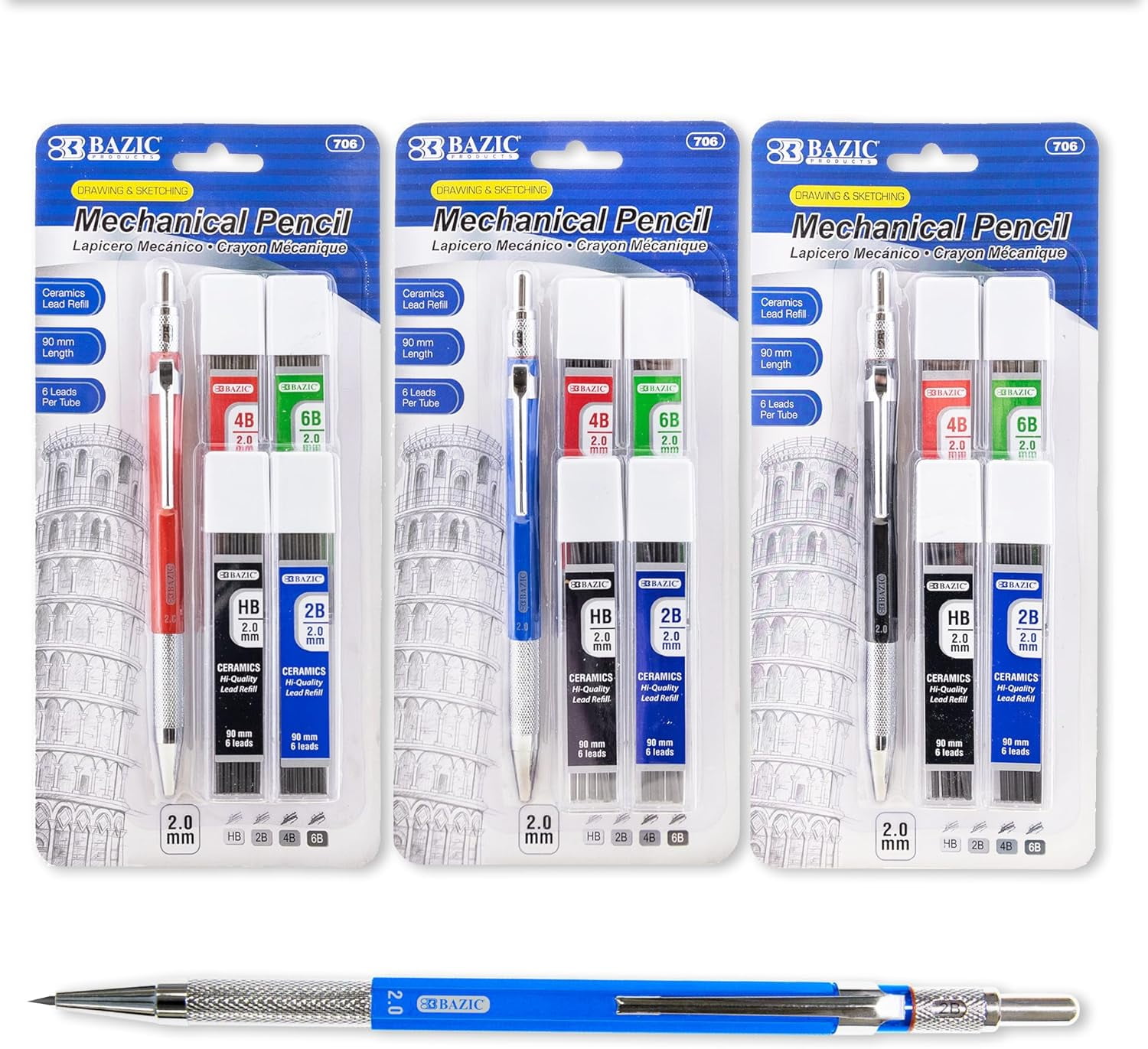 BAZIC 2.0mm Mechanical Lead Pencil with 4 Ceramic Lead Refills, HB 2B 4B 6B Lead, for Art Drafting Drawing Sketching Shading, 12-Packs