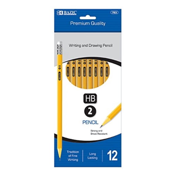 BAZIC #2 HB Premium Wood Pencils, Latex Free Eraser, (12/Pack), 1-Pack