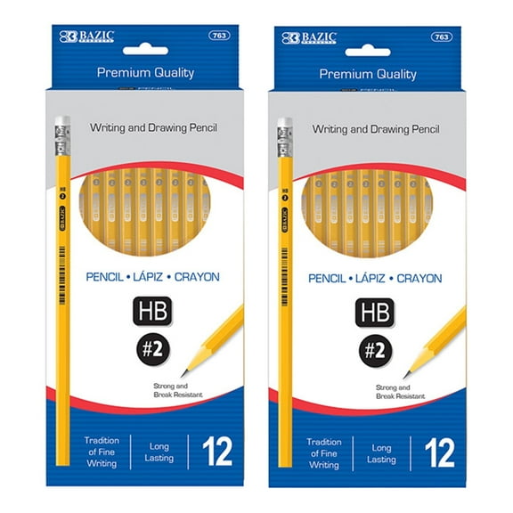 BAZIC #2 HB Premium Wood Pencils, Latex Free Eraser, (12/Pack), 2-Packs