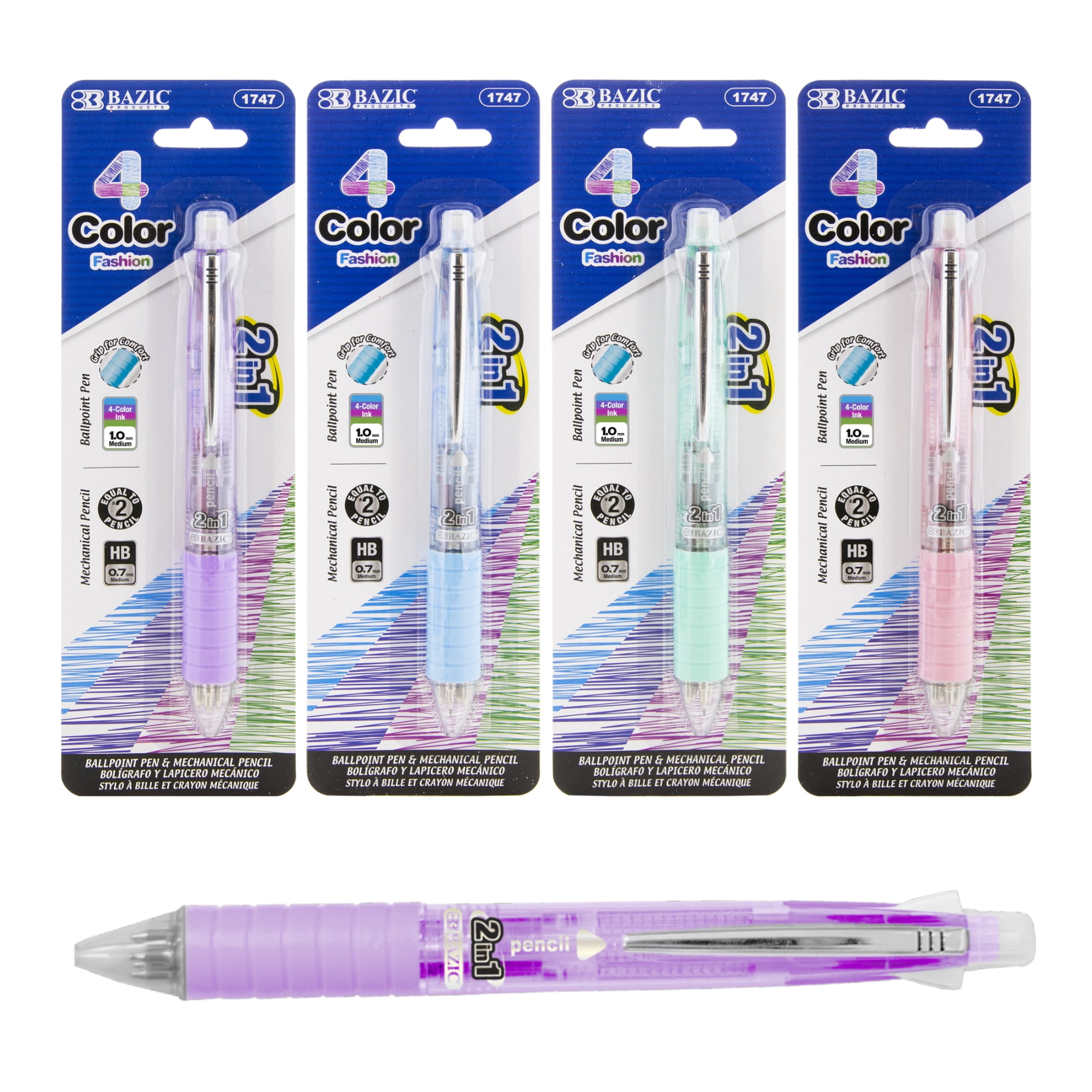 BAZIC 2-In-1 Mechanical Pencil & 4-Fashion Color Pen with Grip, 1.0 mm Bold Point, HB Pencil Lead, 24-Pack