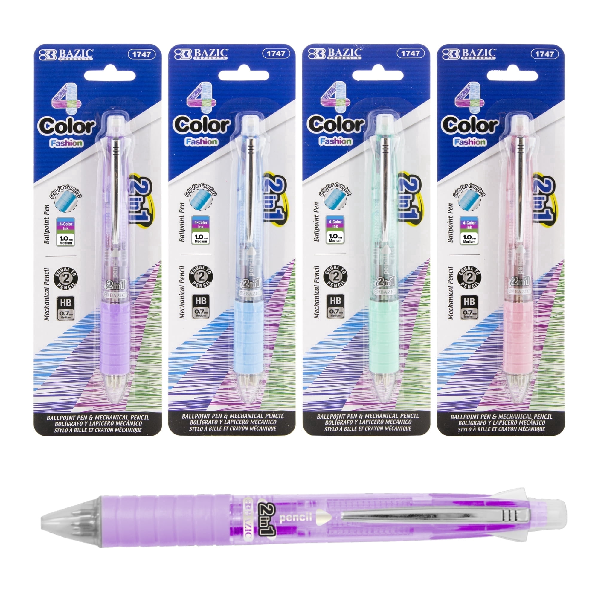 BAZIC 2-In-1 Mechanical Pencil & 4-Fashion Color Pen with Grip, 1.0 mm Bold Point, HB Pencil Lead, 4-Pack