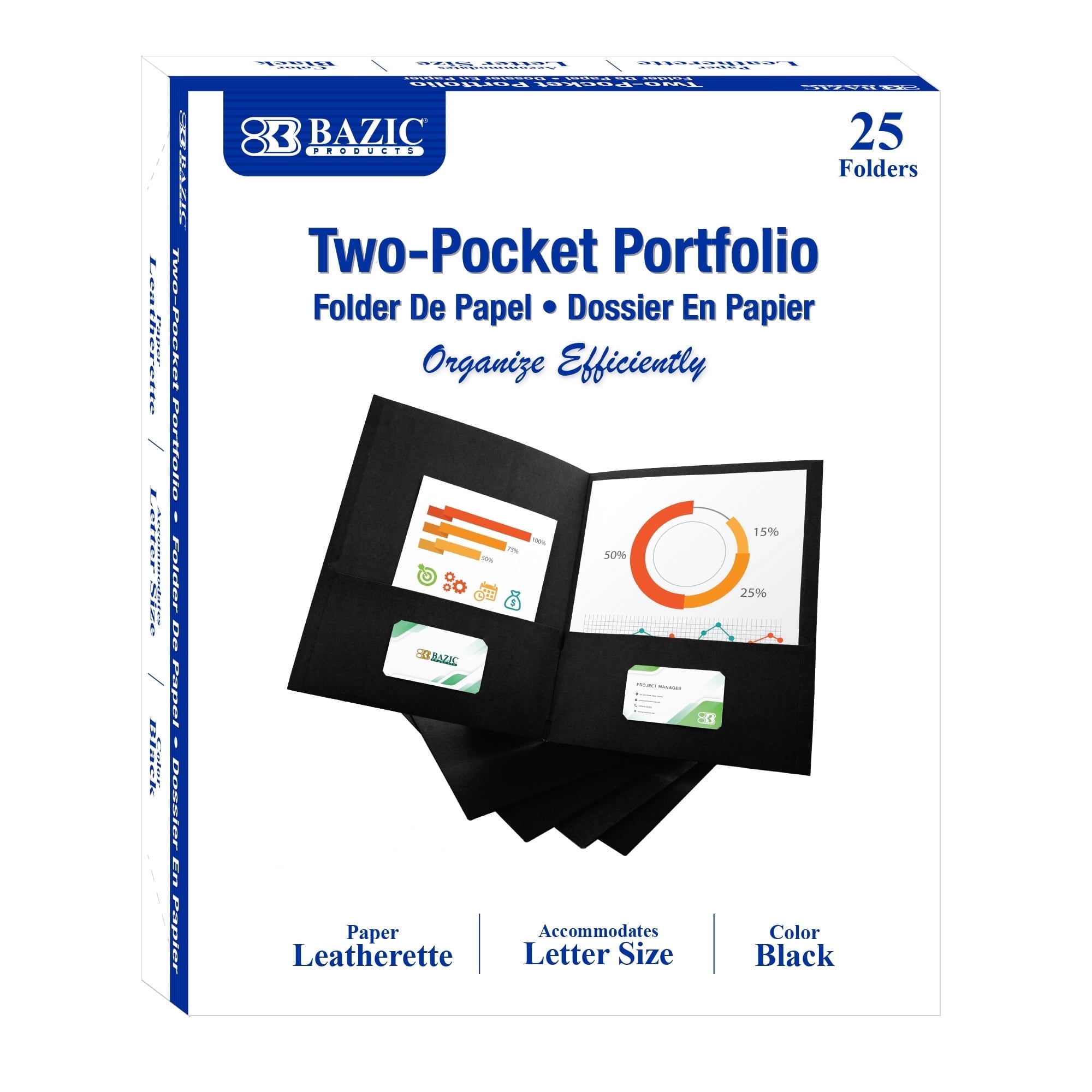 BAZIC 2 Pockets Paper Folder, Premium Leatherette Portfolio, Letter Size Folder, 25-Count