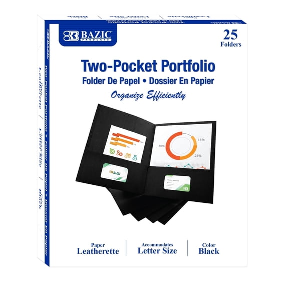 BAZIC 2 Pockets Paper Folder, Premium Leatherette Portfolio, Letter Size Folder, 25-Count