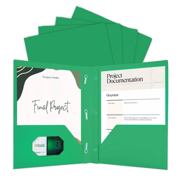 BAZIC 2 Pockets Poly Folder, 3 Prong Fastener Clip, Green Color, 5-Pack