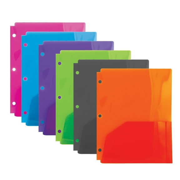 BAZIC 2 Pockets Poly Folder Portfolio, 3 Hole Document Folders, 6-Pack