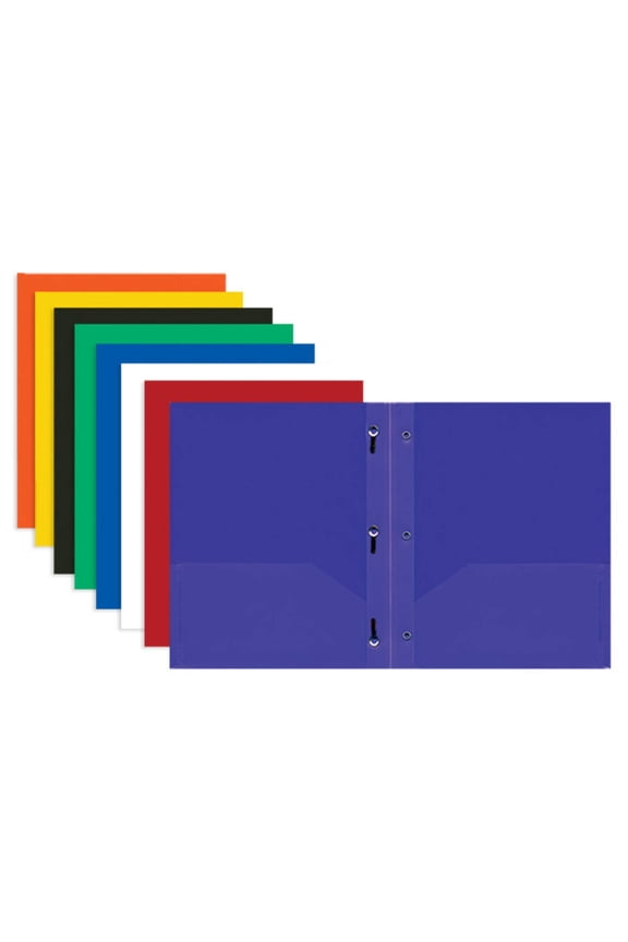 BAZIC Solid Color 2 Pockets Poly Folder Portfolio, 3 Prong Fastener Clip, 8-Pack