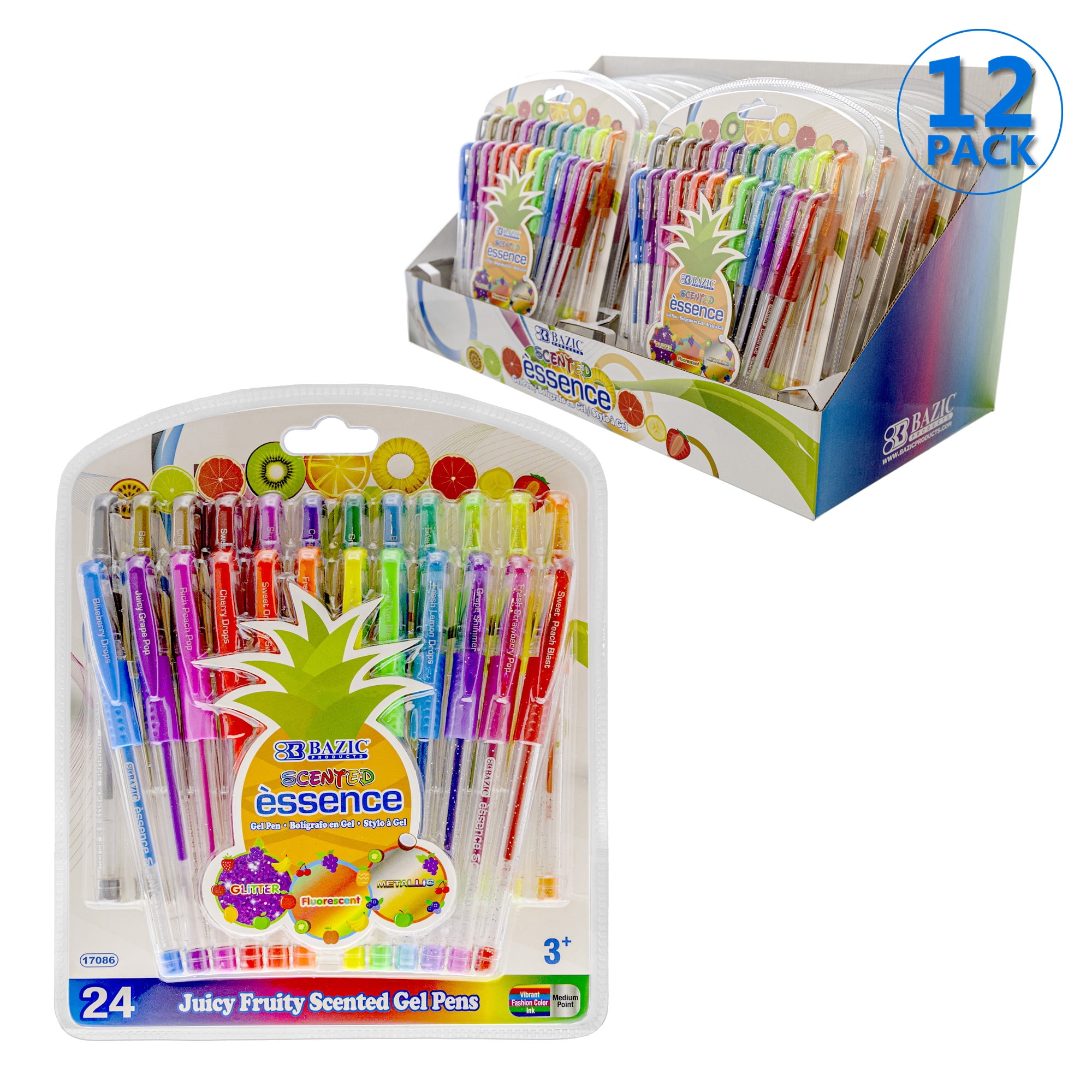 BAZIC 24 Scented Glitter Neon Metallic Gel Pen, Comfort Grip (24/Pack),  12-Pack