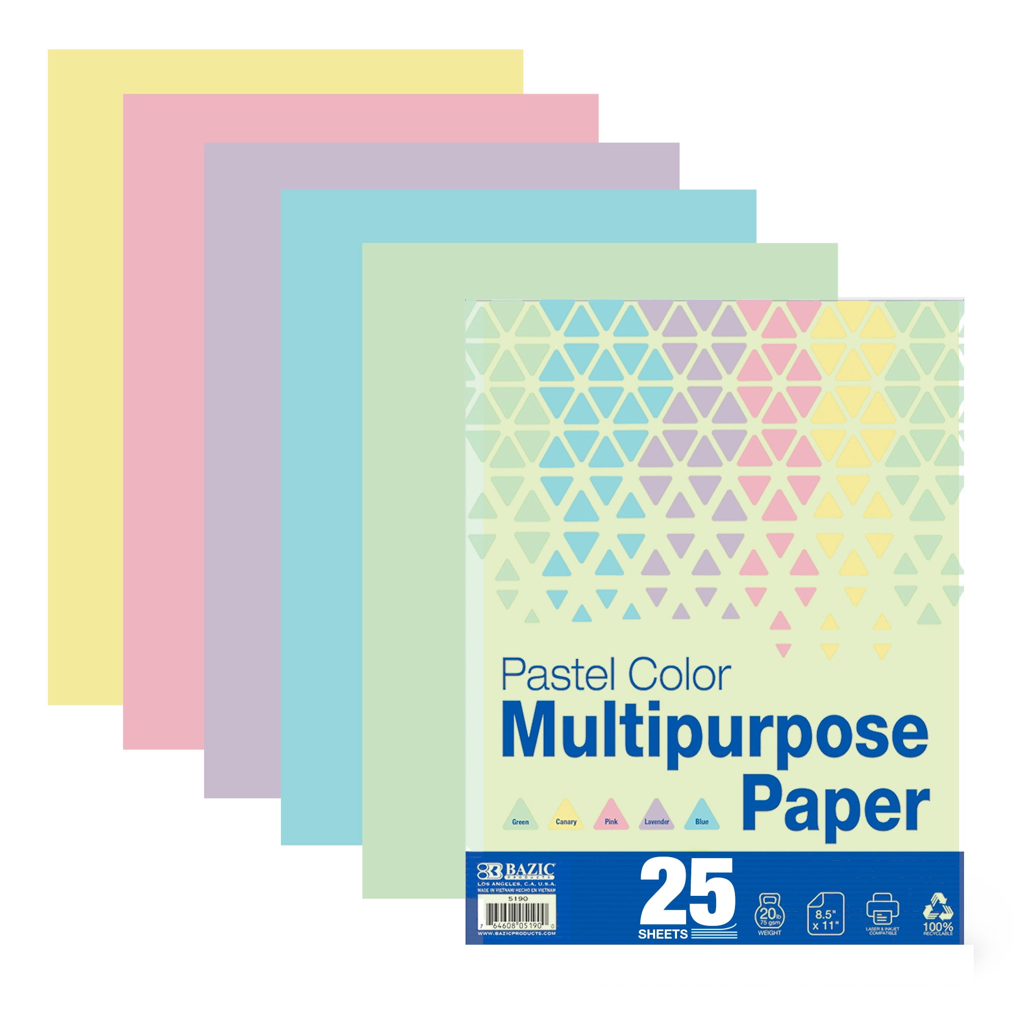 BAZIC 25 Sheets Pastel Color Multipurpose Paper 8.5x11, Colored