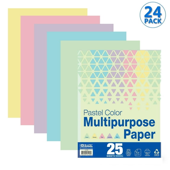 BAZIC 25 Sheets Pastel Color Multipurpose Paper 8.5"x11", Colored Copy Paper Fax Laser Printing (25/Pack), 24-Packs