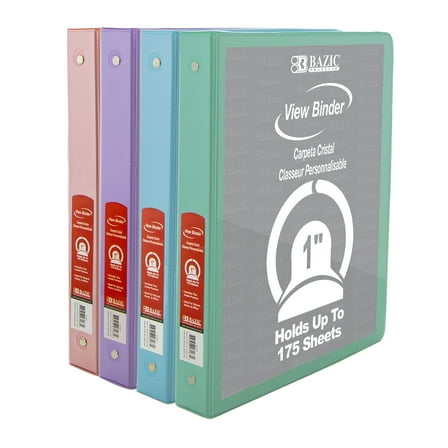 BAZIC 3 Ring 1" Economy View Binders Pastel Color, 175 Sheets, 4-Count