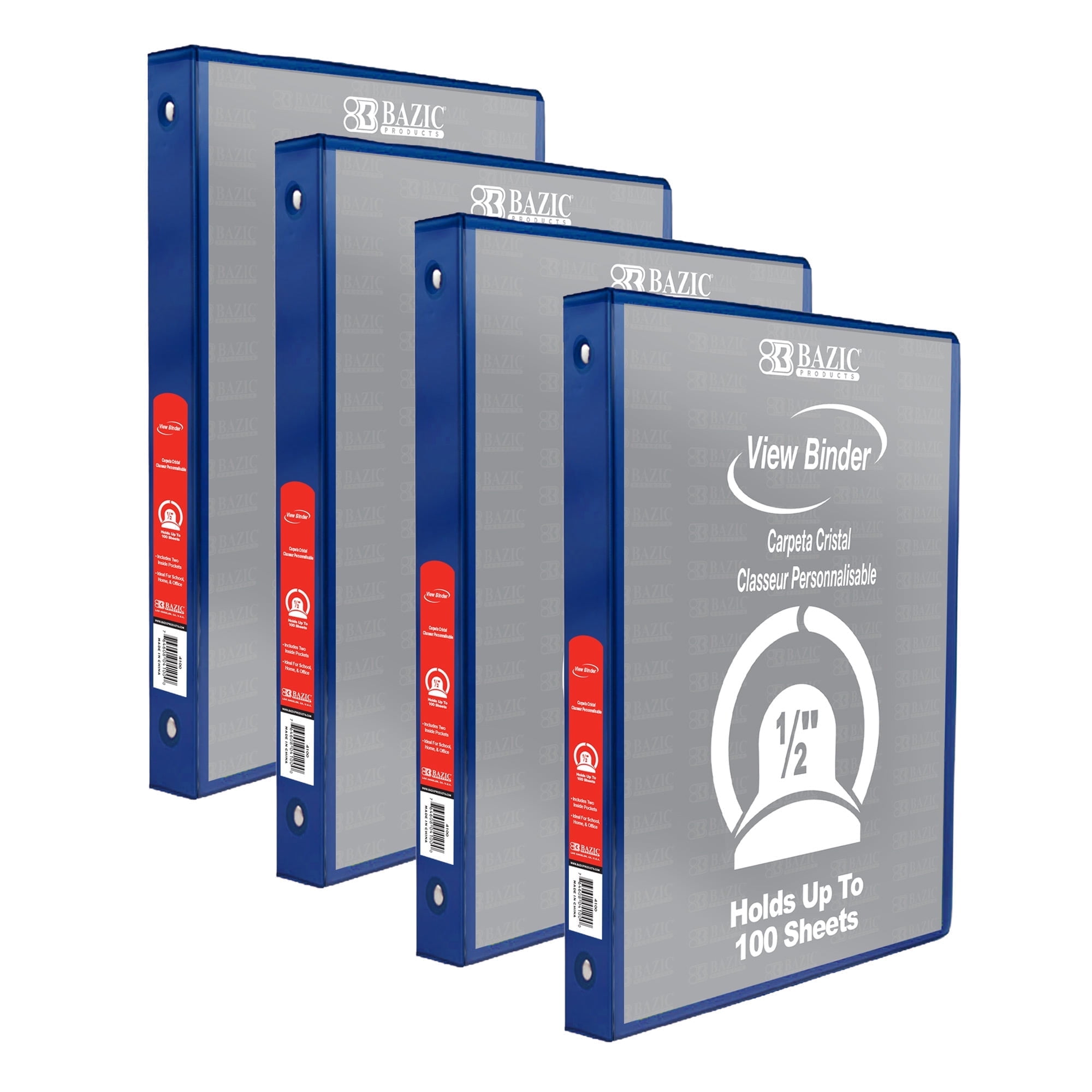BAZIC 3 Ring Binder 1/2" Economy View Binders Blue, Hold 175 Sheets, 4-Count