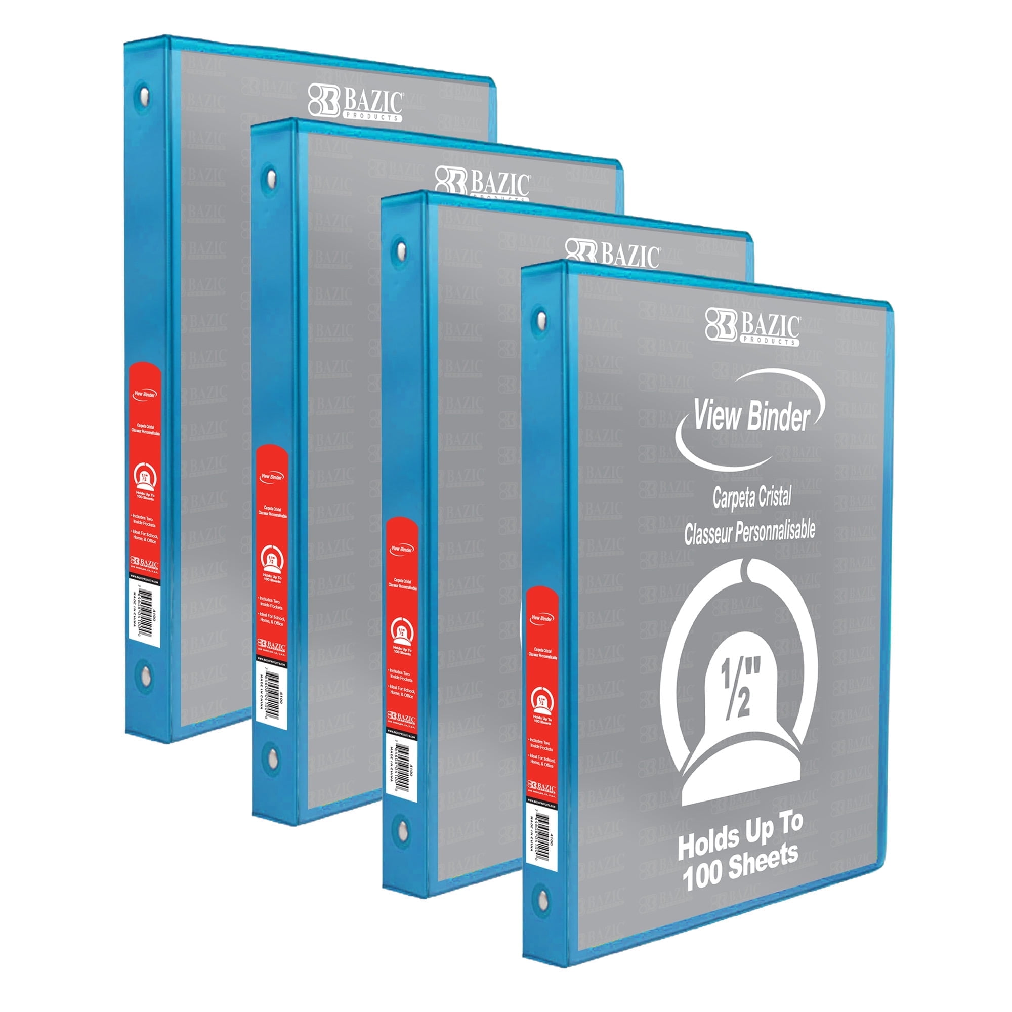 BAZIC 3 Ring Binder 1/2" Economy View Binders Cyan, Hold 100 Sheets, 4-Count